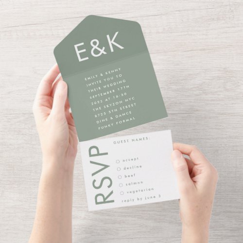 Ultra Sage Green Bold Big Monogram Simple Wedding All In One Invitation