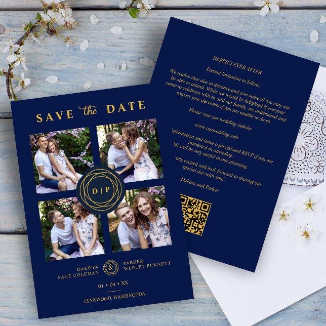 Ultra Trendy Navy & Gold 4 Multi Photos Wedding  Save The Date (Ultra Trendy Navy Blue & Fake Gold 4 Multi Photos Collage Wedding Script Downloadable Save the Date.)