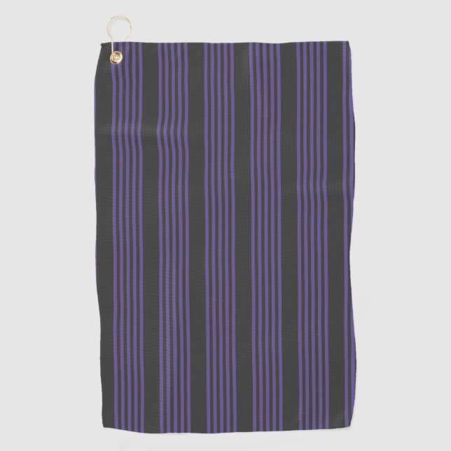 Ultra violet and charcoal five stripe pattern golf towel (Front)