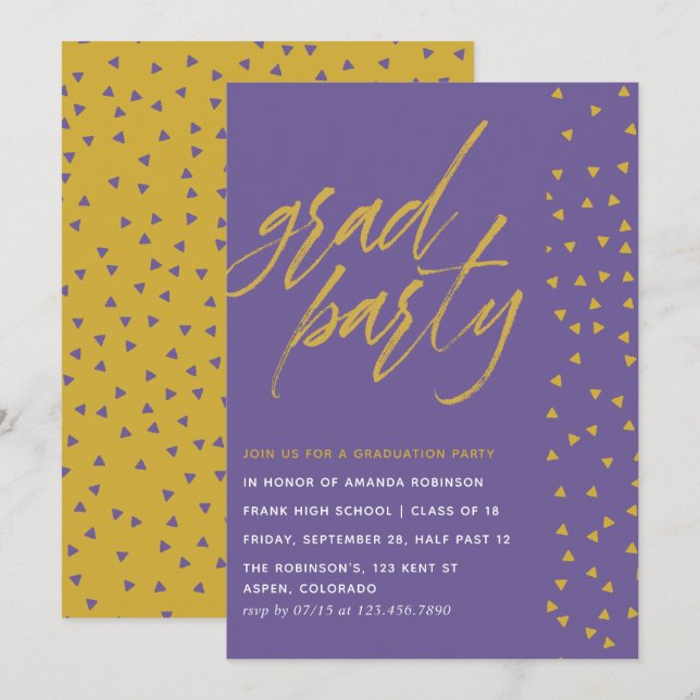 Ultra Violet and Gold confetti Graduation Party Invitation (Front/Back)