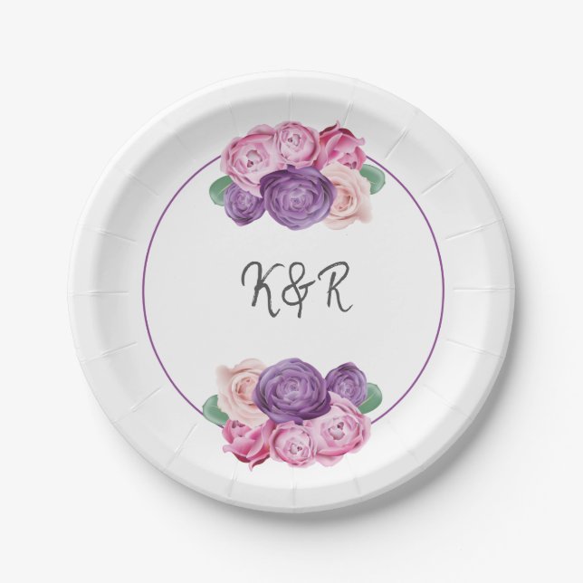 Ultra violet and pink Roses floral Wedding Paper Plates (Front)