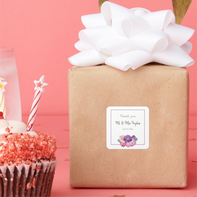 Ultra violet and pink Roses wedding thank you Square Sticker (Party)