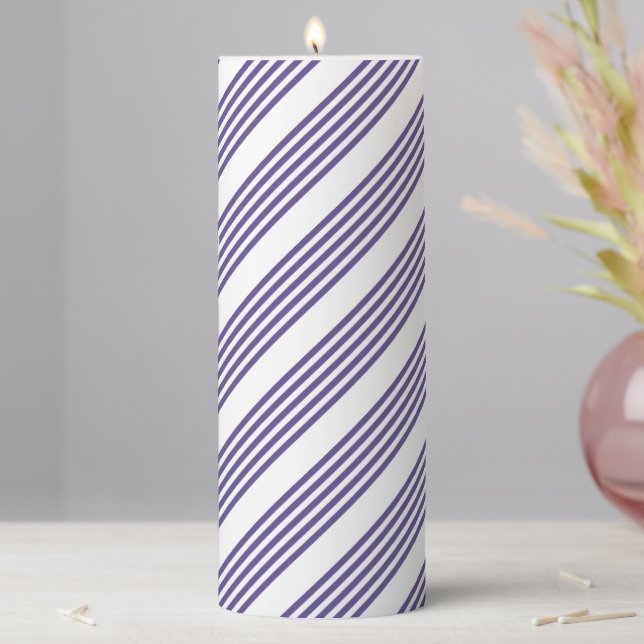 Ultra violet and white five stripe pattern pillar candle (In Situ)