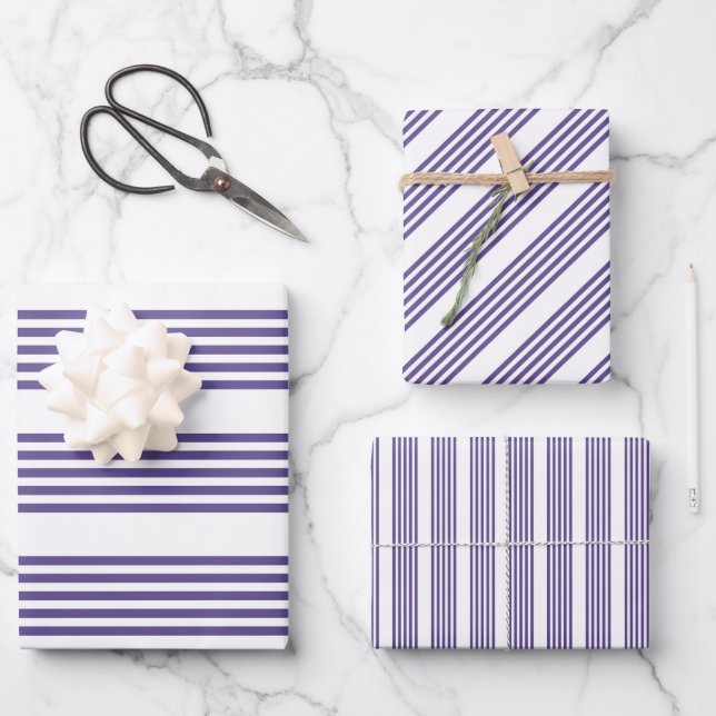 Ultra violet and white five stripe pattern wrapping paper sheets (Front)