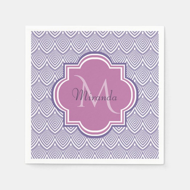 Ultra Violet Arched Scallops Orchid Monogram Name Paper Napkins (Front)