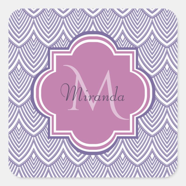 Ultra Violet Arched Scallops Orchid Monogram Name Square Sticker (Front)