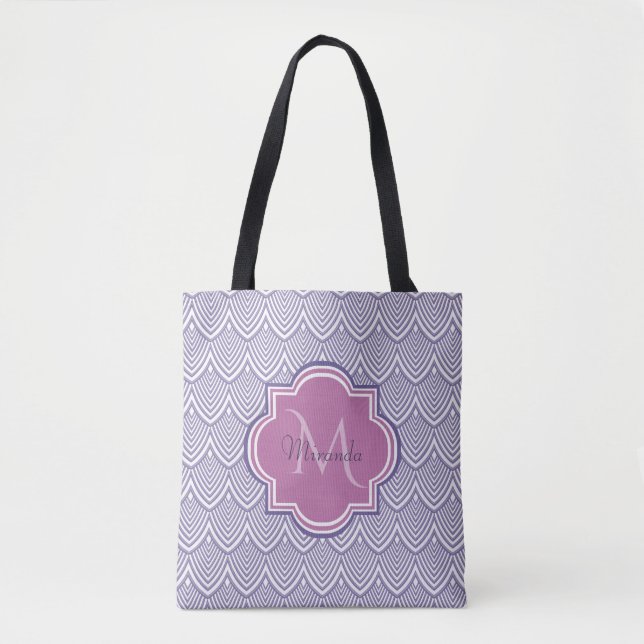 Ultra Violet Arched Scallops Orchid Monogram Name Tote Bag (Front)
