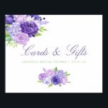 Ultra Violet Bridal Shower Cards and Gifts Sign<br><div class="desc">Watercolor floral bridal shower cards and gifts poster featuring color of the year 2018 ultra violet with shades of purple. Flowers include hydrangea,  lavender,  peonies and roses.</div>