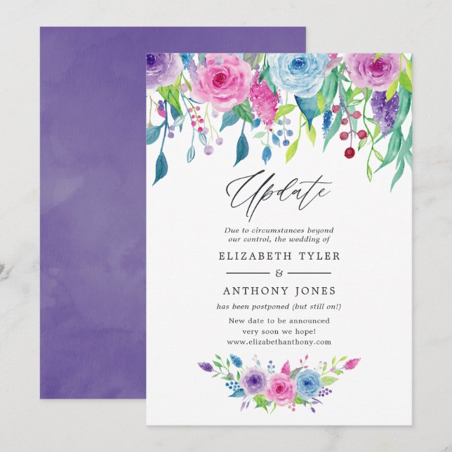 Ultra Violet color combo Floral Wedding Update Invitation (Front/Back)