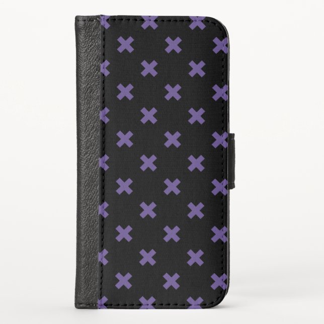 Ultra violet cross stitches on black iPhone wallet case (Front)