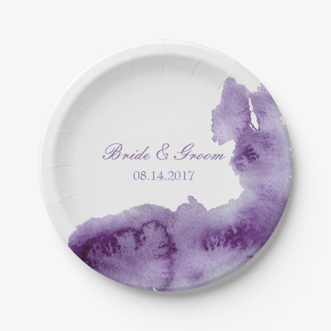 Ultra Violet Elegant Watercolor Wedding Paper Plates (Front)
