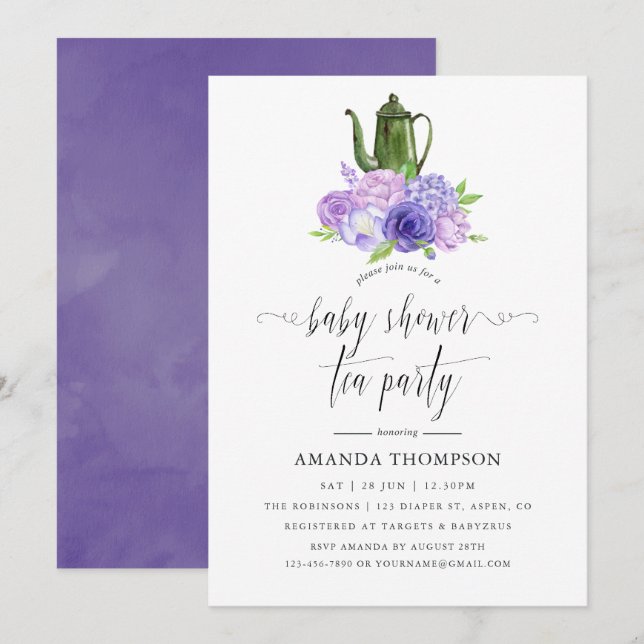 Ultra Violet Floral Baby Shower Tea Party Invitation (Front/Back)