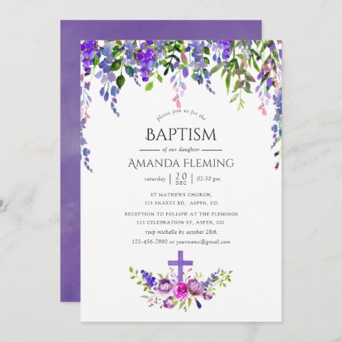 Ultra Violet Floral Baptism or Christening Invitation