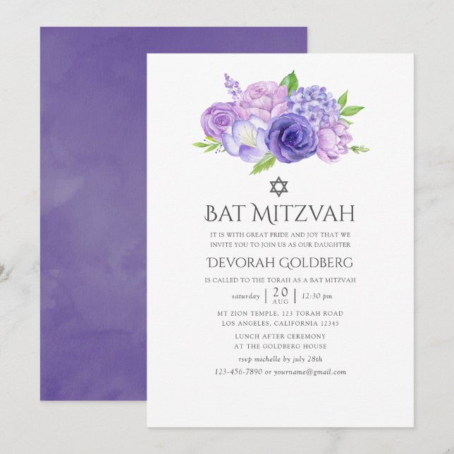 Ultra Violet Floral Bat Mitzvah Invitation (Front/Back)