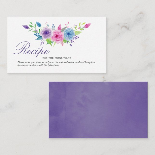 Ultra Violet Floral Bridal Shower Recipe Insert No Note Card (Front/Back)