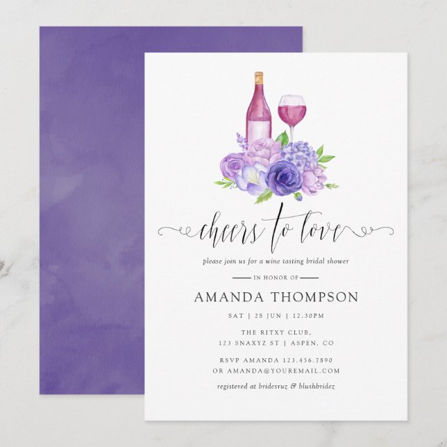 Ultra Violet Floral Bridal Shower Wine Tasting Invitation (Front/Back)
