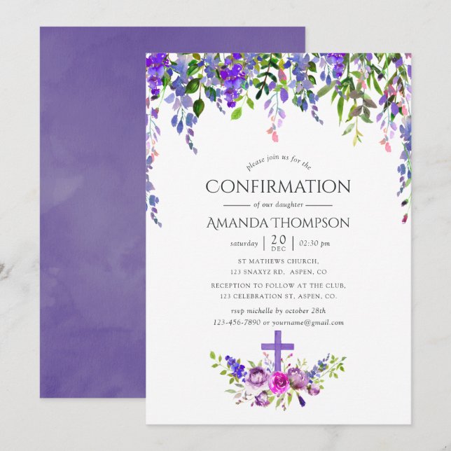 Ultra Violet Floral Confirmation Invitation (Front/Back)