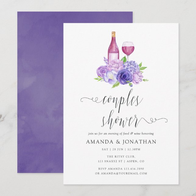 Ultra Violet Floral Couples Shower Wine Tasting Invitation (Front/Back)