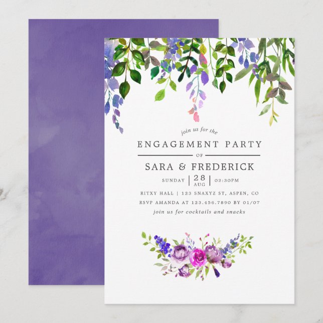 Ultra Violet Floral Engagement Party Invitation (Front/Back)