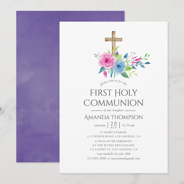Ultra Violet  Floral First Holy Communion Invitation (Front/Back)