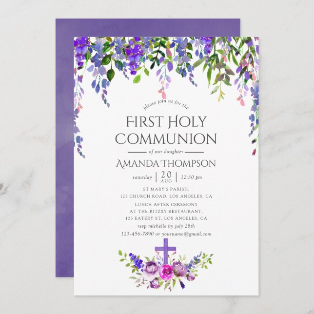 Ultra Violet Floral First Holy Communion Invitation (Front/Back)