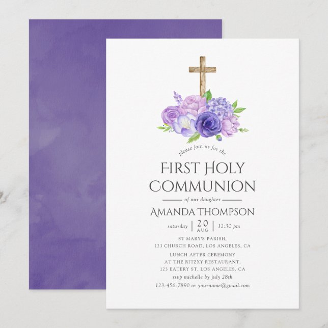 Ultra Violet Floral First Holy Communion Invitation (Front/Back)