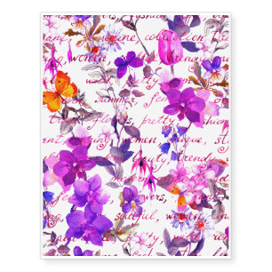 Ultra violet,floral,hand written text, water color temporary tattoos