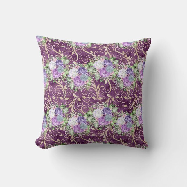 Ultra Violet Floral Watercolor Pattern Throw Pillow (Front)