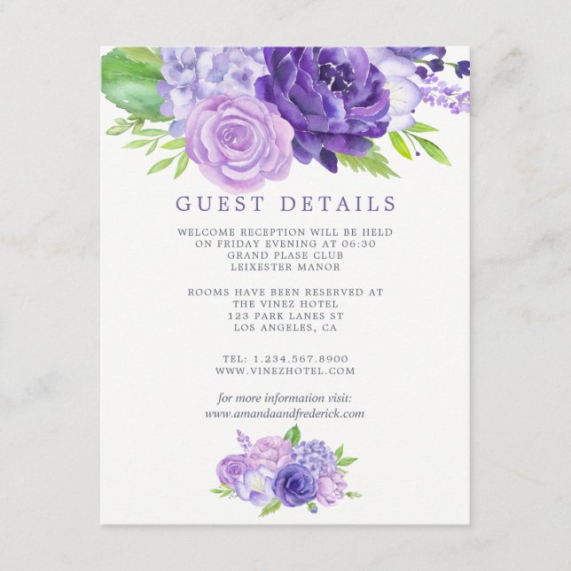Ultra Violet Floral Wedding Guest Details Enclosure Card (Front)