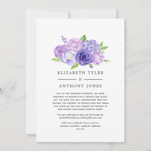 Ultra Violet Floral Wedding Reduced Guest List Announcement