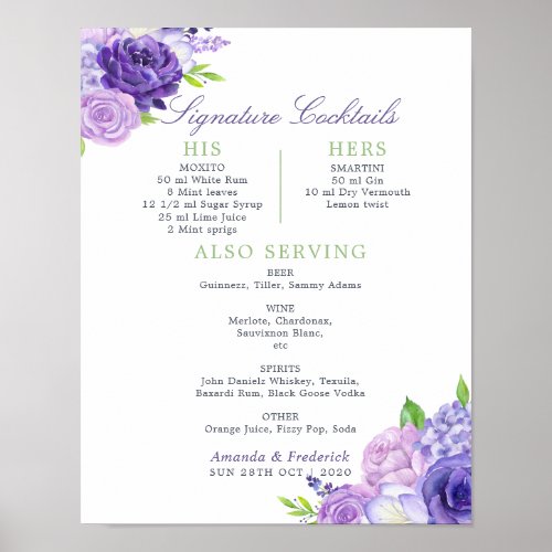 Ultra Violet Floral Wedding Signature Cocktails Poster