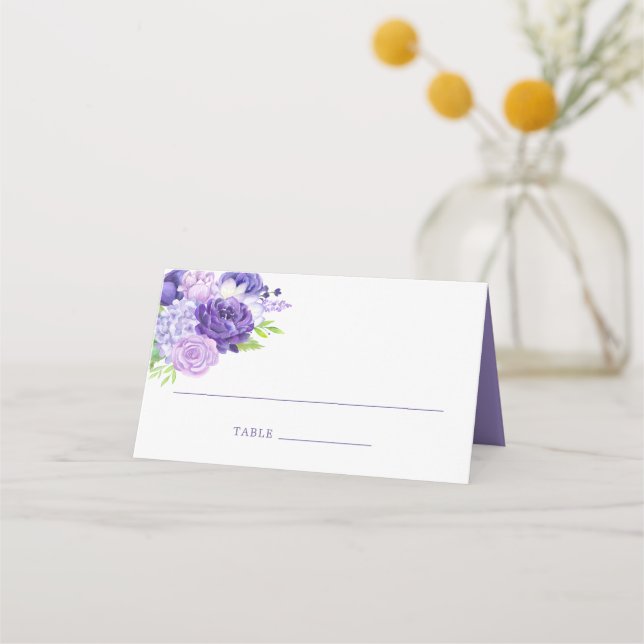 Ultra Violet Floral Wedding Table Number Place Card (Front)