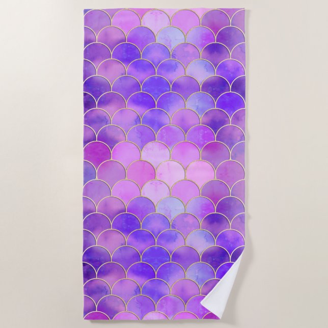 Ultra Violet & Gold Mermaid Scale Pattern Beach Towel (Front)