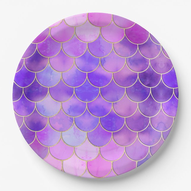 Ultra Violet & Gold Mermaid Scale Pattern Paper Plates (Front)