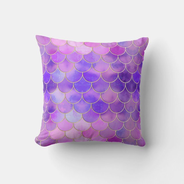 Ultra Violet & Gold Mermaid Scale Pattern Throw Pillow (Front)
