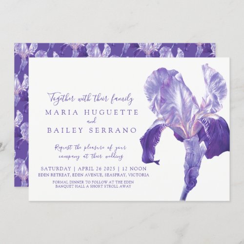 Ultra violet Iris botanic art wedding invitations
