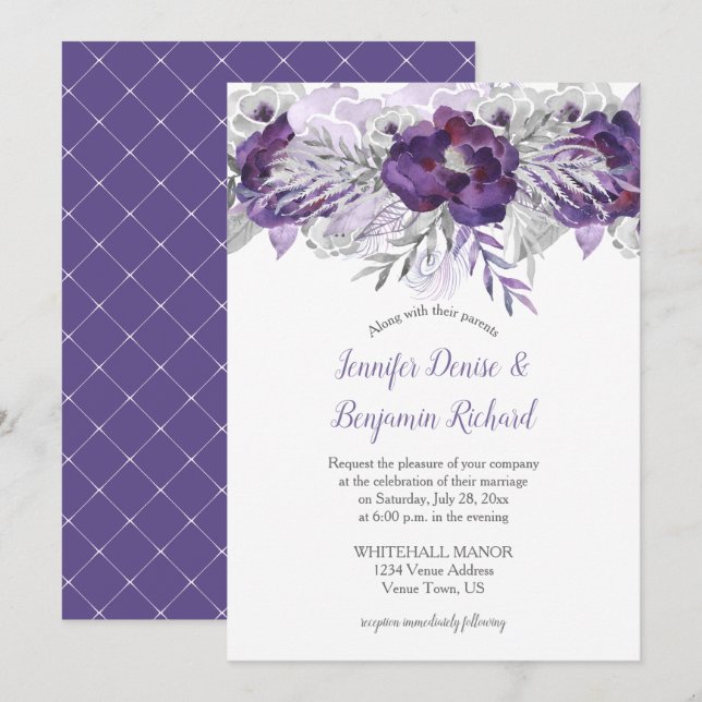 Ultra Violet Lavender Gray Floral Invitation (Front/Back)