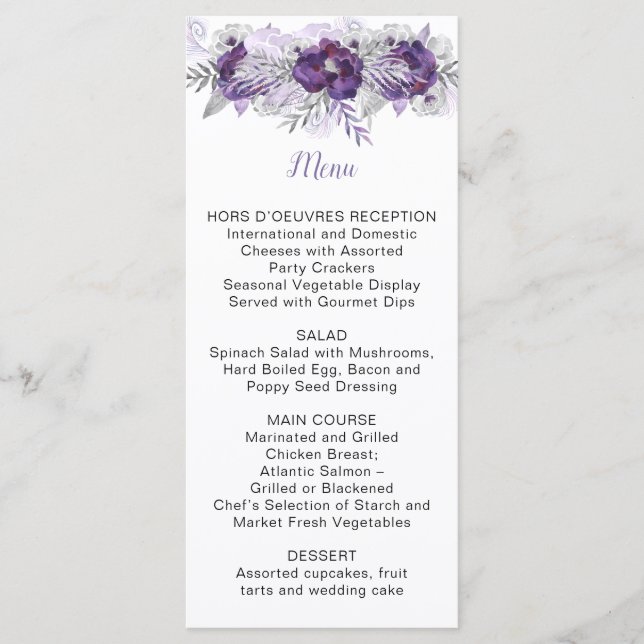 Ultra Violet Lavender Gray Watercolor Floral Menu (Front)