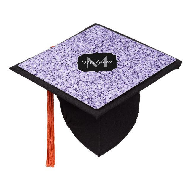 Ultra violet light purple glitter sparkle Monogram Graduation Cap Topper (Angled)