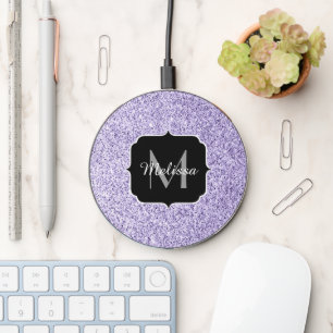 Ultra violet light purple glitter sparkle Monogram Wireless Charger