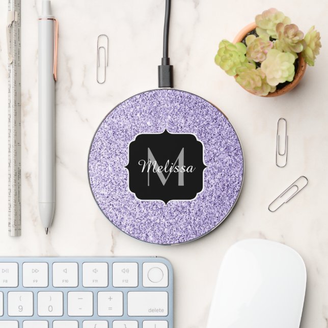 Ultra violet light purple glitter sparkle Monogram Wireless Charger (Desk)