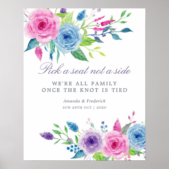 Ultra Violet Mix Watercolor Floral Wedding Seating Poster (Front)