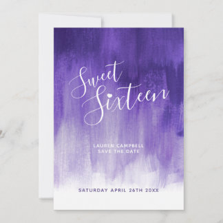 Ultra violet modern art sweet sixteen birthday save the date