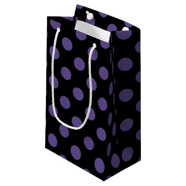 Ultra violet polka dots on black small gift bag (Front Angled)