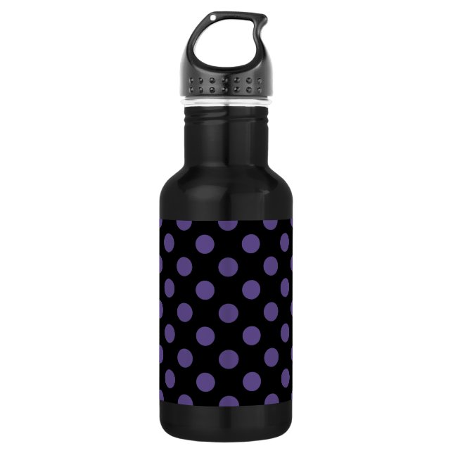 Ultra violet polka dots on black water bottle (Front)