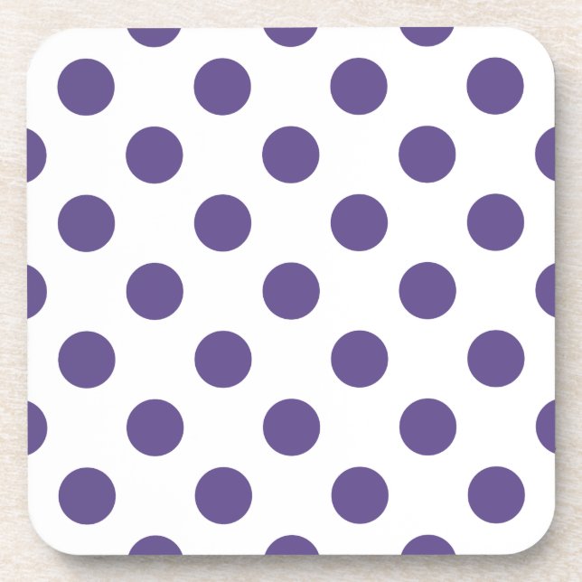 Ultra violet polka dots on white beverage coaster (Front)