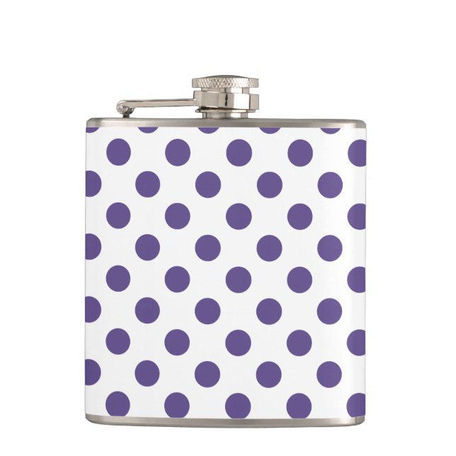 Ultra violet polka dots on white hip flask (Front)