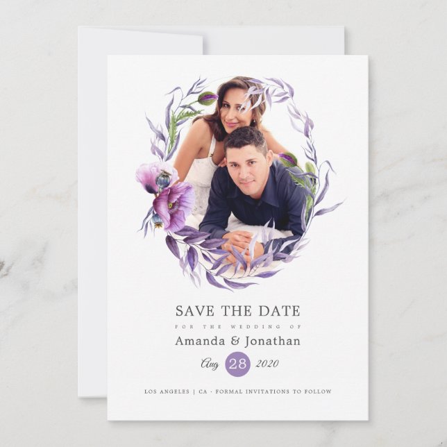 Ultra Violet Poppy Floral Photo Wedding Save The Date (Front)