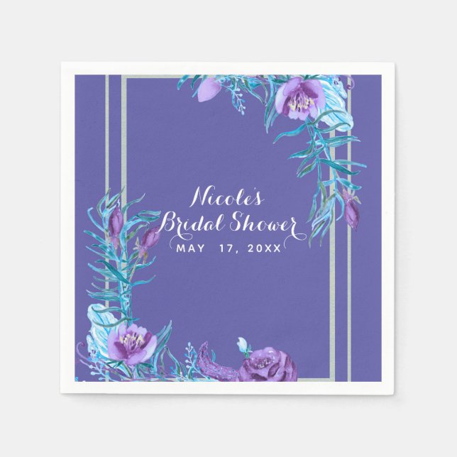 Ultra Violet Purple & Aqua Floral Chic Paper Napkins (Front)