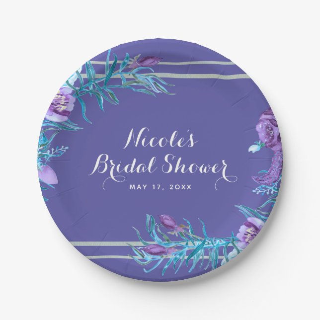 Ultra Violet Purple & Aqua Floral Chic Paper Plates (Front)